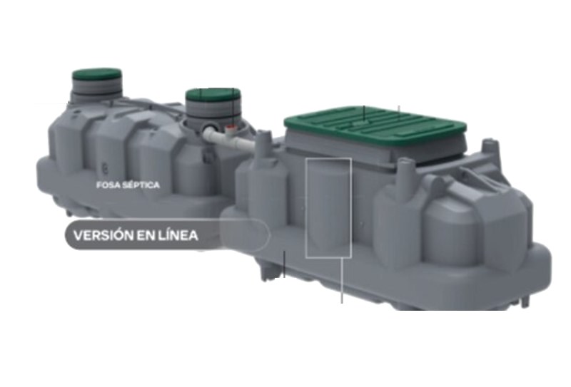Fosa séptica de polietileno gris con tapas verdes, en configuración en línea con biofiltro
